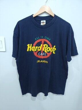 Vintage 90s Hard Rock Cafe Orlando Mens L Black T-Shirt Made In USA Peace Logo